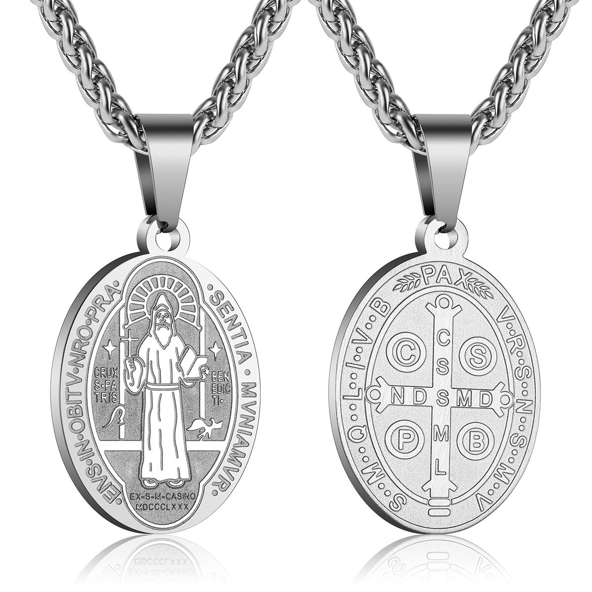 Unisex Stainless Steel Double-Sided Religious Saint Medal Pendant Necklace |   Vintage Virgin Mary & Saint Benedict Protection Amulet Jewelry