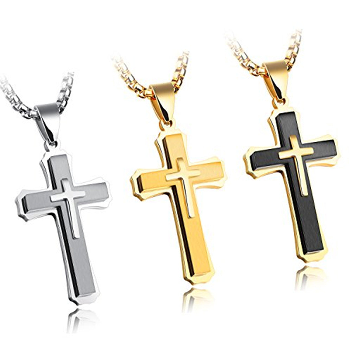 Men's Vintage 3-Layer Stainless Steel Cross Pendant Necklace | Classic Gothic Religious Jewelry for Men