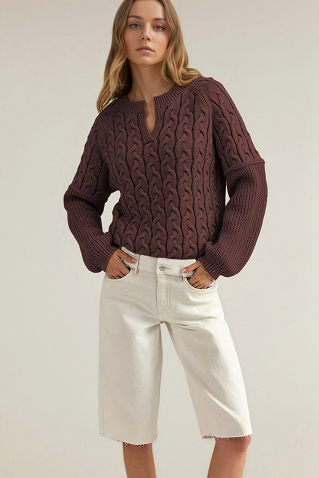 Women’s Textured Cable Knit V-Neck Sweater