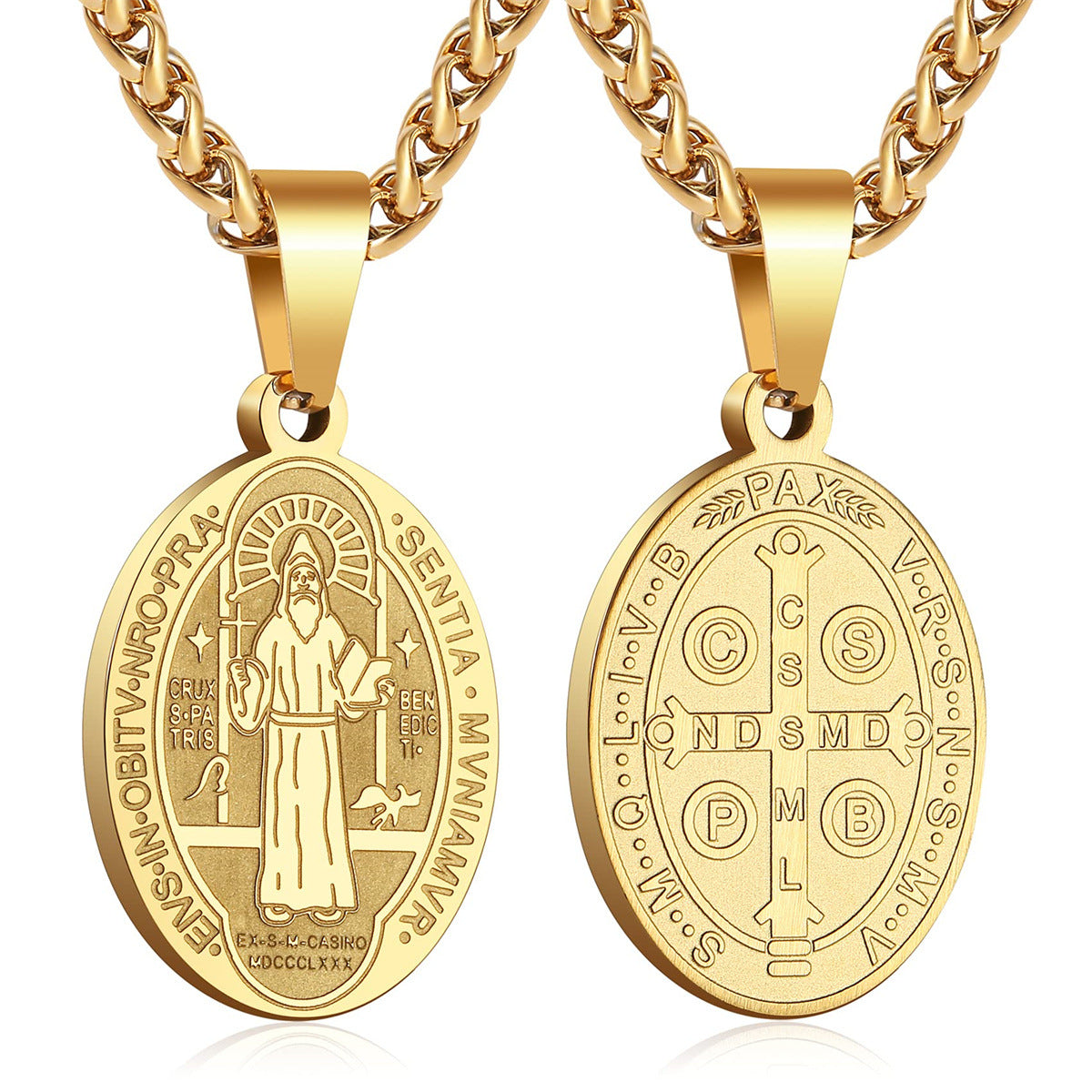 Unisex Stainless Steel Double-Sided Religious Saint Medal Pendant Necklace |   Vintage Virgin Mary & Saint Benedict Protection Amulet Jewelry