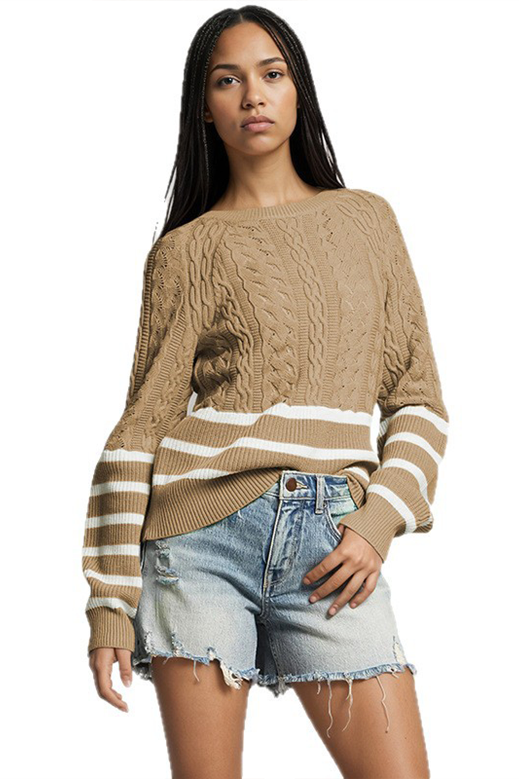 Women’s Cable Knit Striped Sleeve Sweater