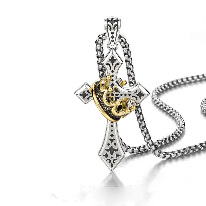Vintage Gothic Crown Cross Pendant Necklace for Men | Electroplated Thai Silver Style Retro Hip-Hop Streetwear Jewelry