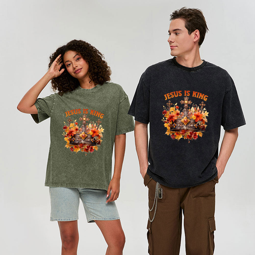Jesus Is King Autumn Faith Christian Washed T-Shirt