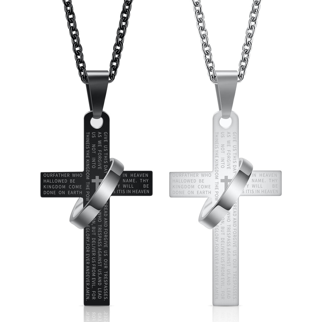 Men's 304 Stainless Steel Cross Pendant Necklace with Ring Accent | Engraved Lord's Prayer Christian Jewelry with Cable Chain