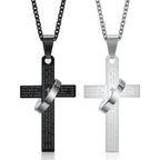 Men's 304 Stainless Steel Cross Pendant Necklace with Ring Accent | Engraved Lord's Prayer Christian Jewelry with Cable Chain
