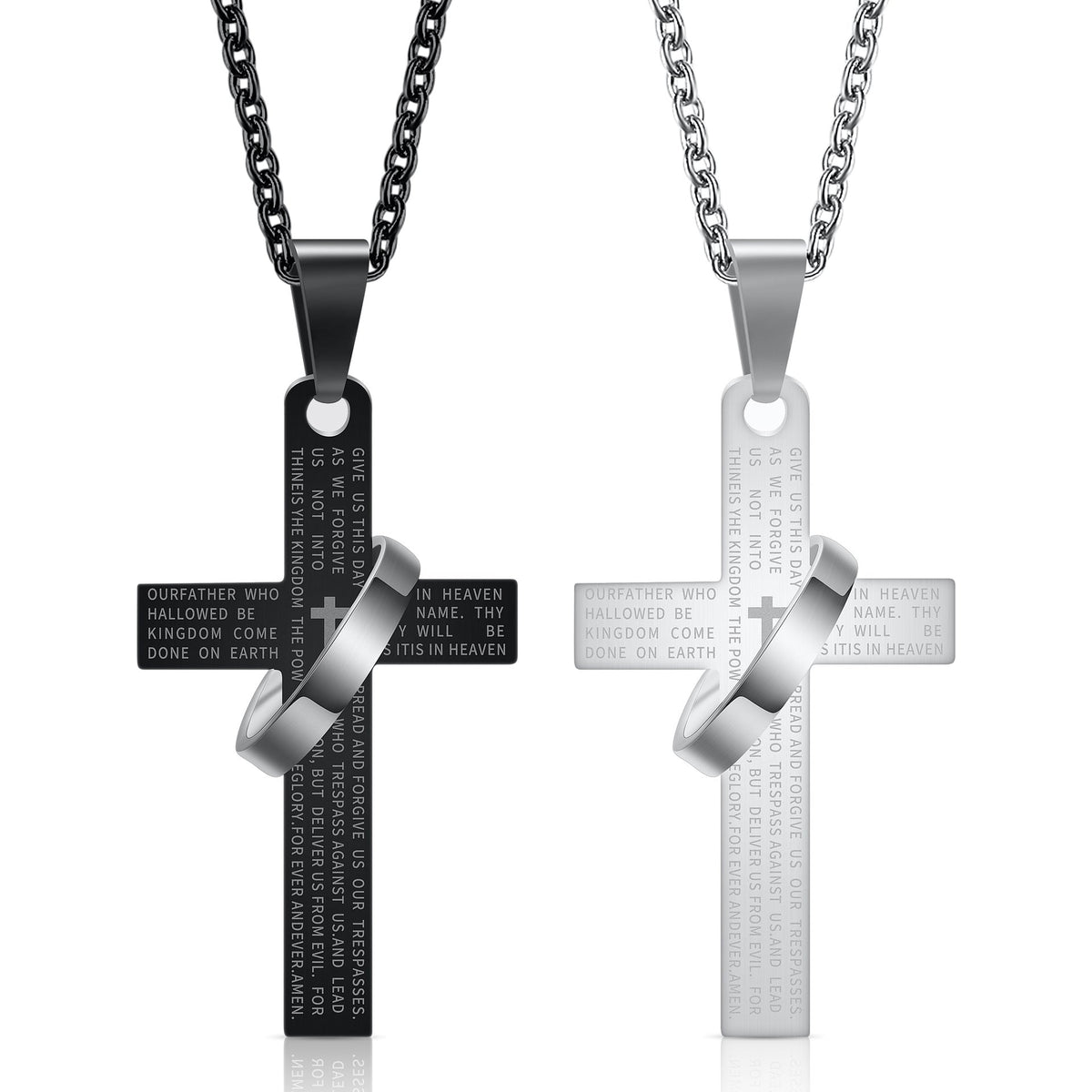 Men's 304 Stainless Steel Cross Pendant Necklace with Ring Accent | Engraved Lord's Prayer Christian Jewelry with Cable Chain