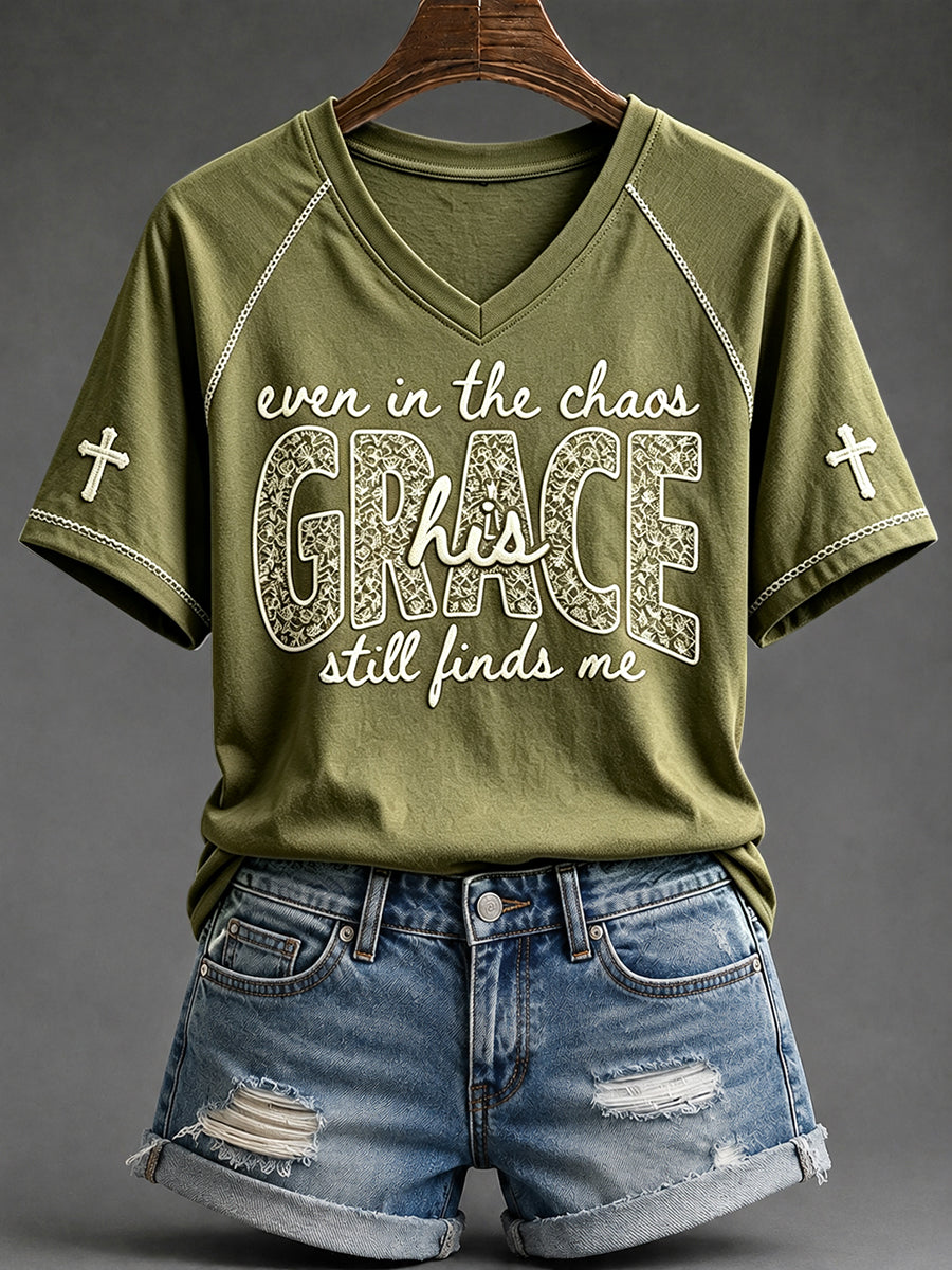 Women's His Grace Still Finds Me Christian Faith Floral Print V-neck Short-sleeved T-shirt