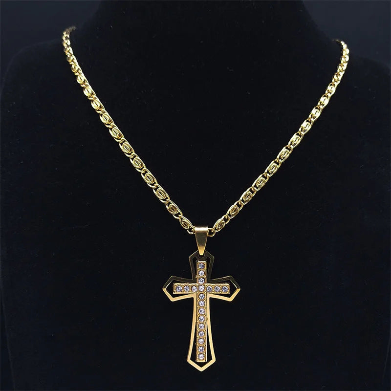 Men's Iced Out Crystal Cross Pendant Necklace | Stainless Steel Gold & Silver Plated Hip-Hop Cross Jewelry with Unique S-Chain