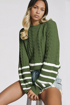 Women’s Cable Knit Striped Sleeve Sweater