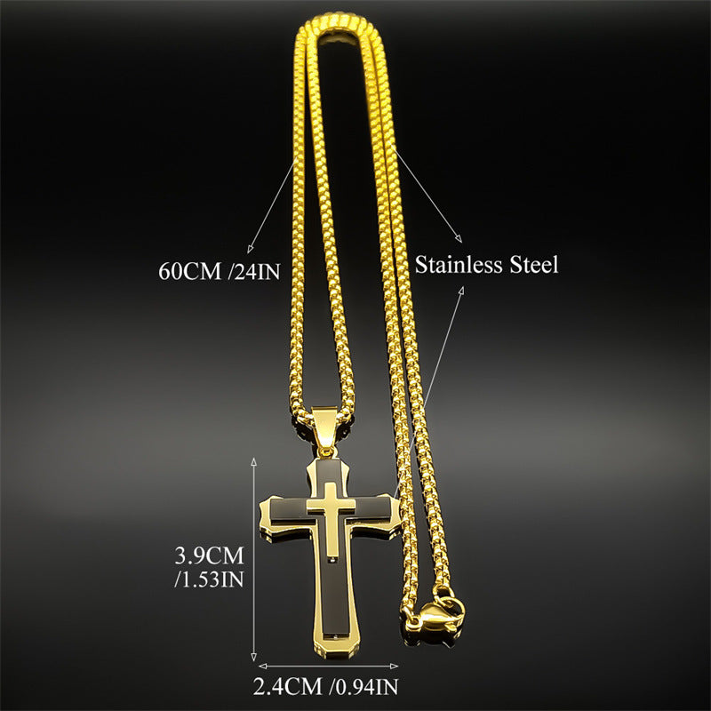 Men's 3-Layer Stainless Steel Cross Pendant Necklace | Modern Layered Hip-Hop Streetwear Jewelry with 24" Chain