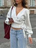 Women’s V-Neck Wrap Knit Sweater – Side Tie Pullover
