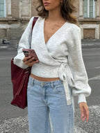 Women’s V-Neck Wrap Knit Sweater – Side Tie Pullover