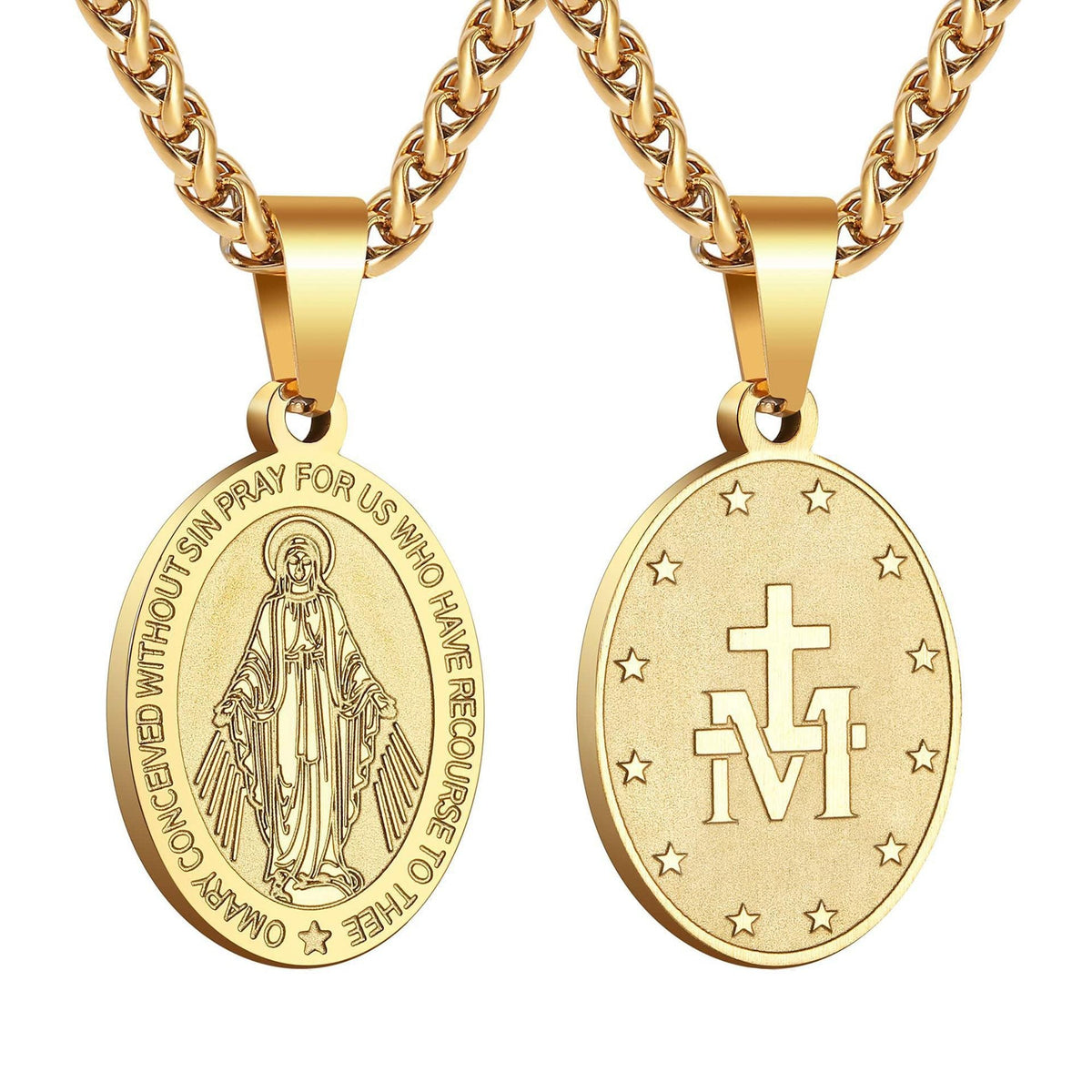 Unisex Stainless Steel Double-Sided Religious Saint Medal Pendant Necklace |   Vintage Virgin Mary & Saint Benedict Protection Amulet Jewelry