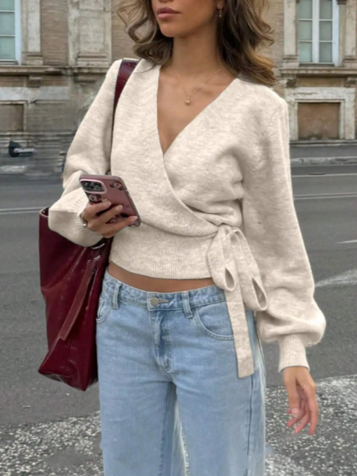 Women’s V-Neck Wrap Knit Sweater – Side Tie Pullover