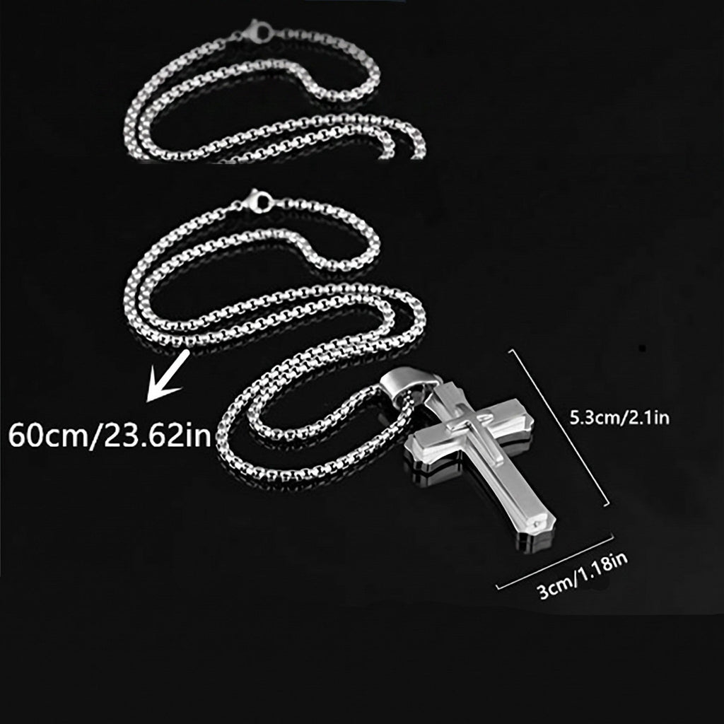 Men's Vintage 3-Layer Stainless Steel Cross Pendant Necklace | Classic Gothic Religious Jewelry for Men