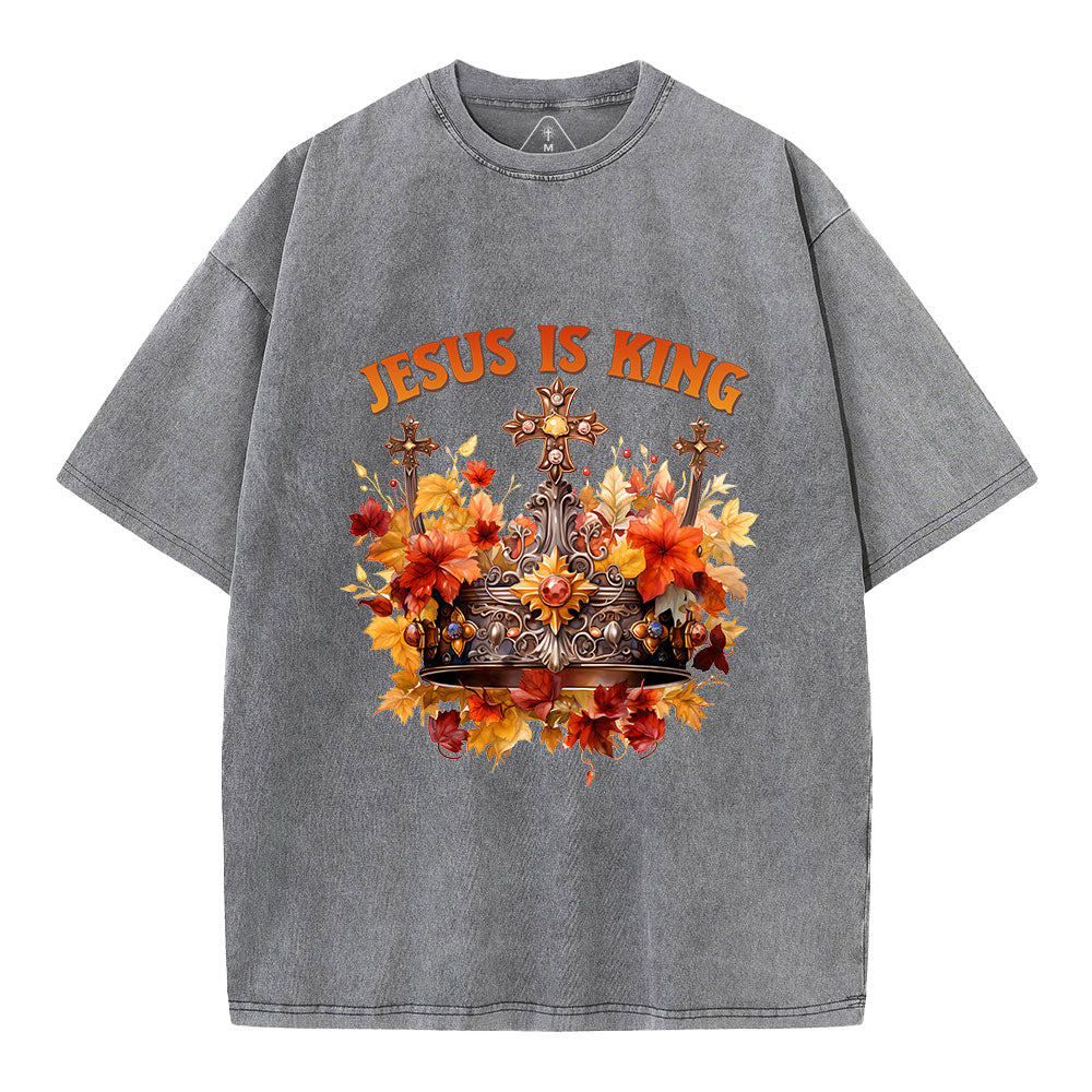 Jesus Is King Autumn Faith Christian Washed T-Shirt