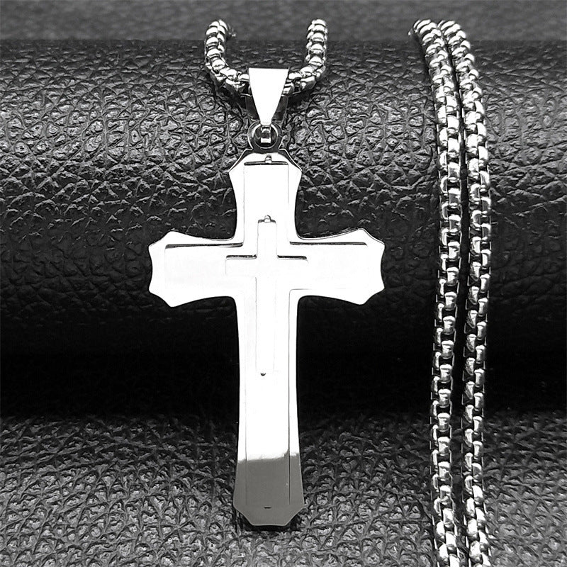 Men's 3-Layer Stainless Steel Cross Pendant Necklace | Modern Layered Hip-Hop Streetwear Jewelry with 24" Chain