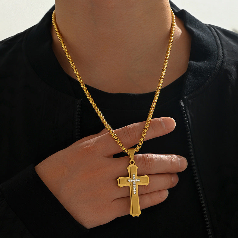 Men's 3-Layer Stainless Steel Iced Out Cross Pendant Necklace | Cubic Zirconia Layered Hip-Hop Cross Jewelry with 24" Box Chain