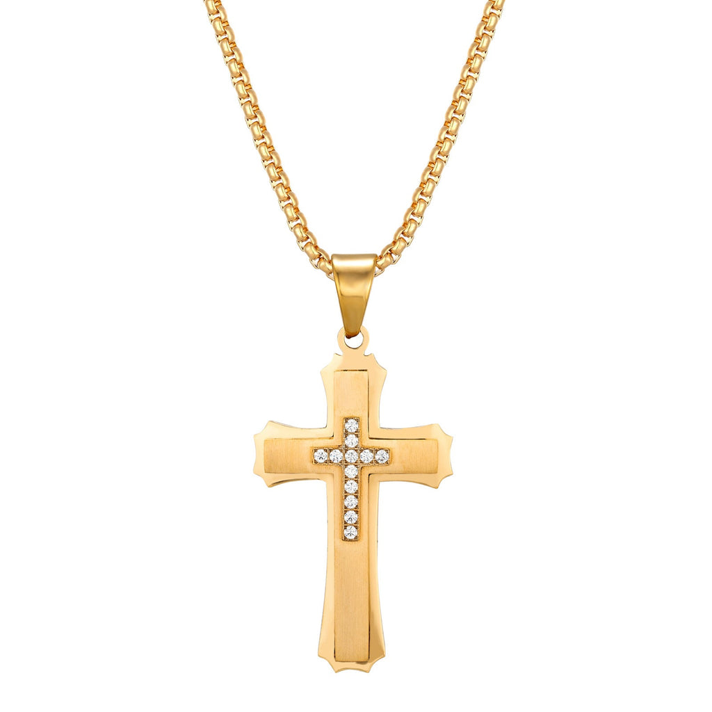Men's 3-Layer Stainless Steel Iced Out Cross Pendant Necklace | Cubic Zirconia Layered Hip-Hop Cross Jewelry with 24" Box Chain
