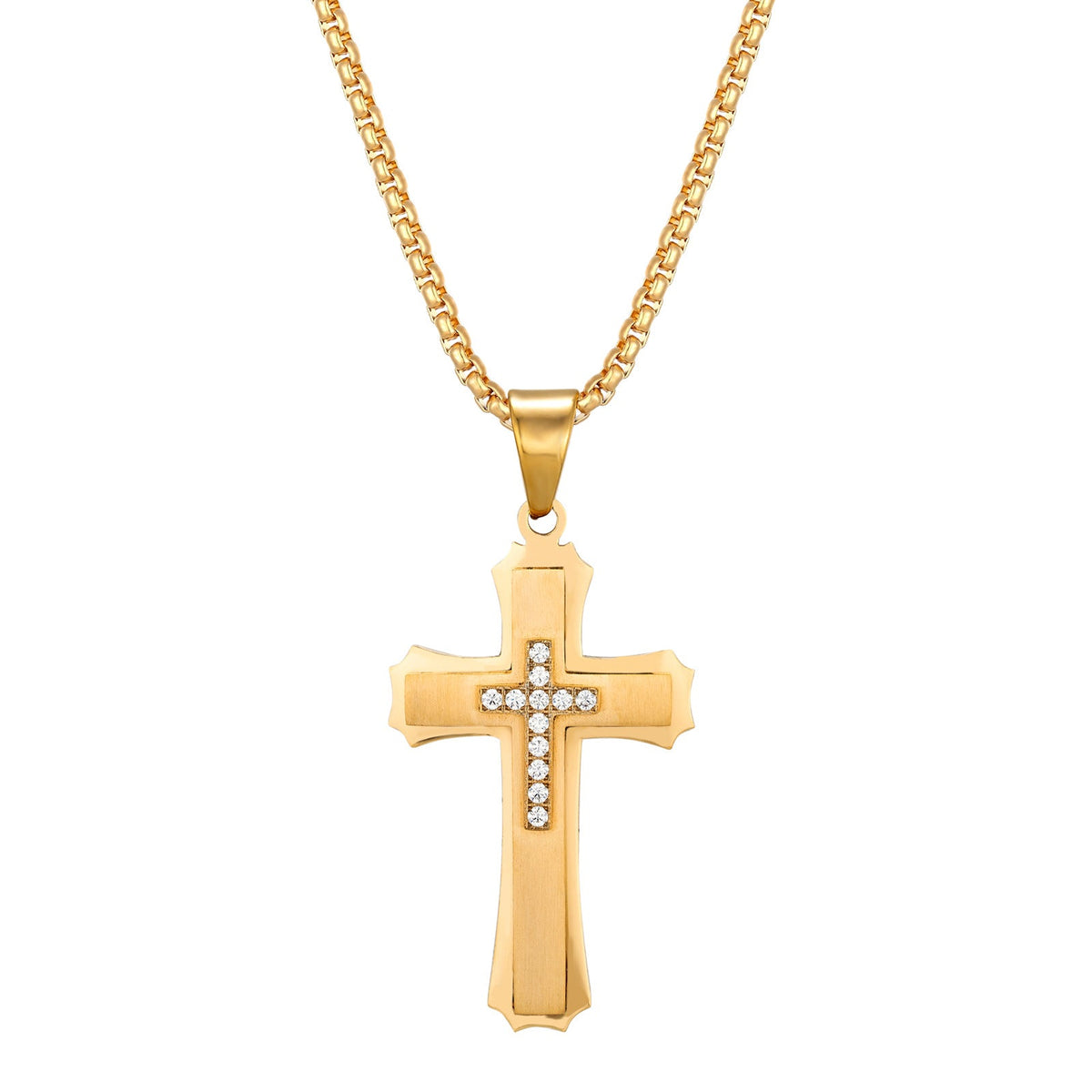 Men's 3-Layer Stainless Steel Iced Out Cross Pendant Necklace | Cubic Zirconia Layered Hip-Hop Cross Jewelry with 24" Box Chain
