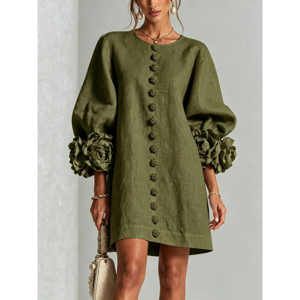 Women’s Floral Cuff Linen Mini Dress – Loose Fit