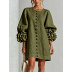Women’s Floral Cuff Linen Mini Dress – Loose Fit