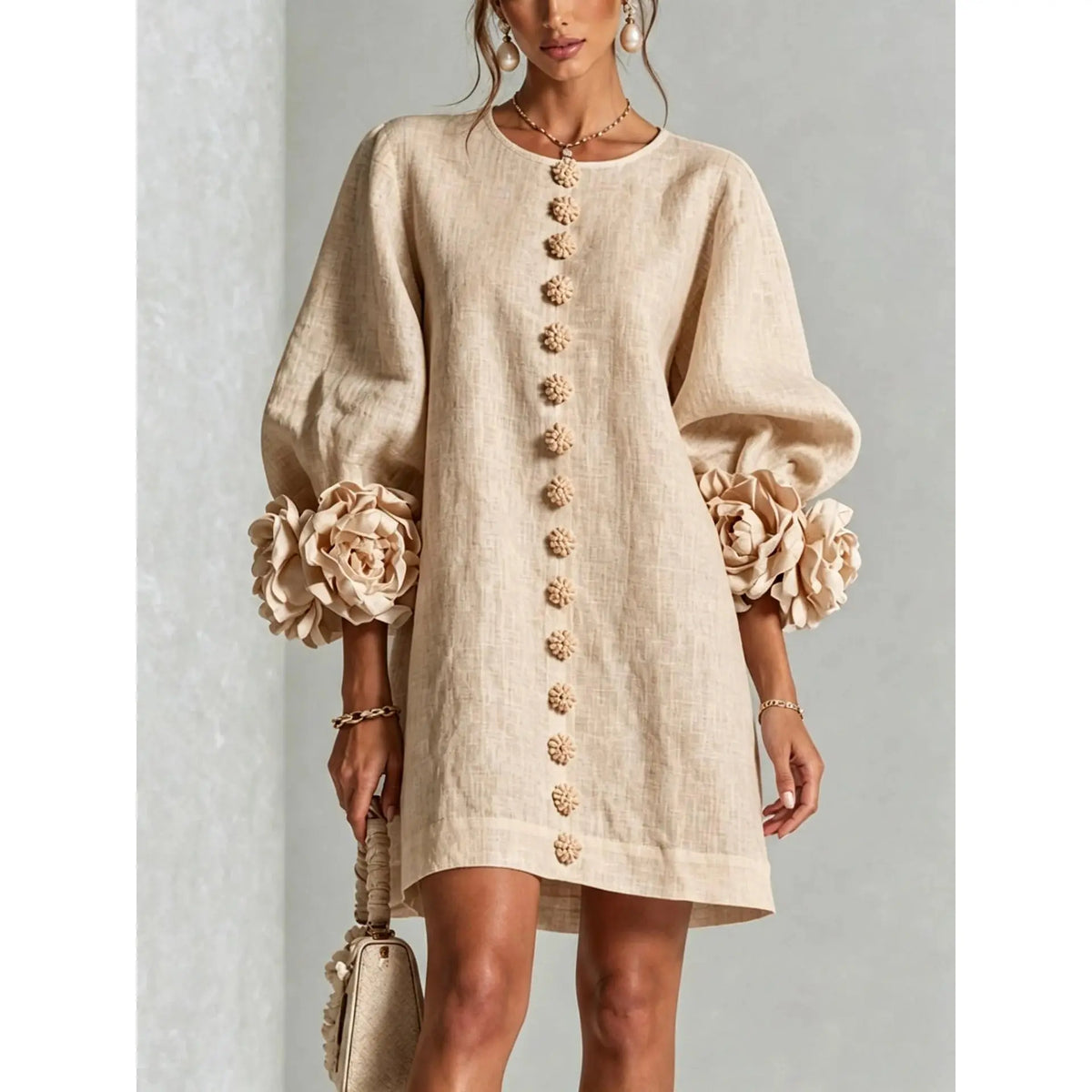 Women’s Floral Cuff Linen Mini Dress – Loose Fit
