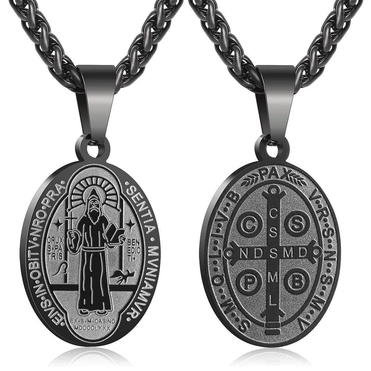 Unisex Stainless Steel Double-Sided Religious Saint Medal Pendant Necklace |   Vintage Virgin Mary & Saint Benedict Protection Amulet Jewelry
