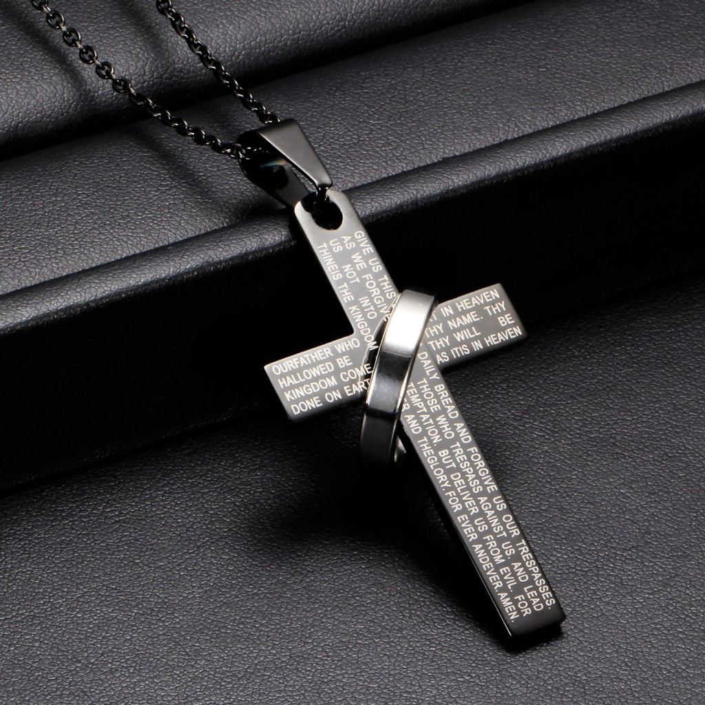 Men's 304 Stainless Steel Cross Pendant Necklace with Ring Accent | Engraved Lord's Prayer Christian Jewelry with Cable Chain