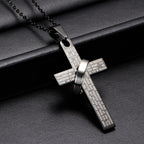 Men's 304 Stainless Steel Cross Pendant Necklace with Ring Accent | Engraved Lord's Prayer Christian Jewelry with Cable Chain