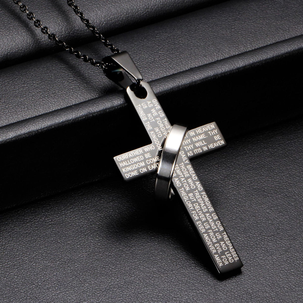 Men's 304 Stainless Steel Cross Pendant Necklace with Ring Accent | Engraved Lord's Prayer Christian Jewelry with Cable Chain