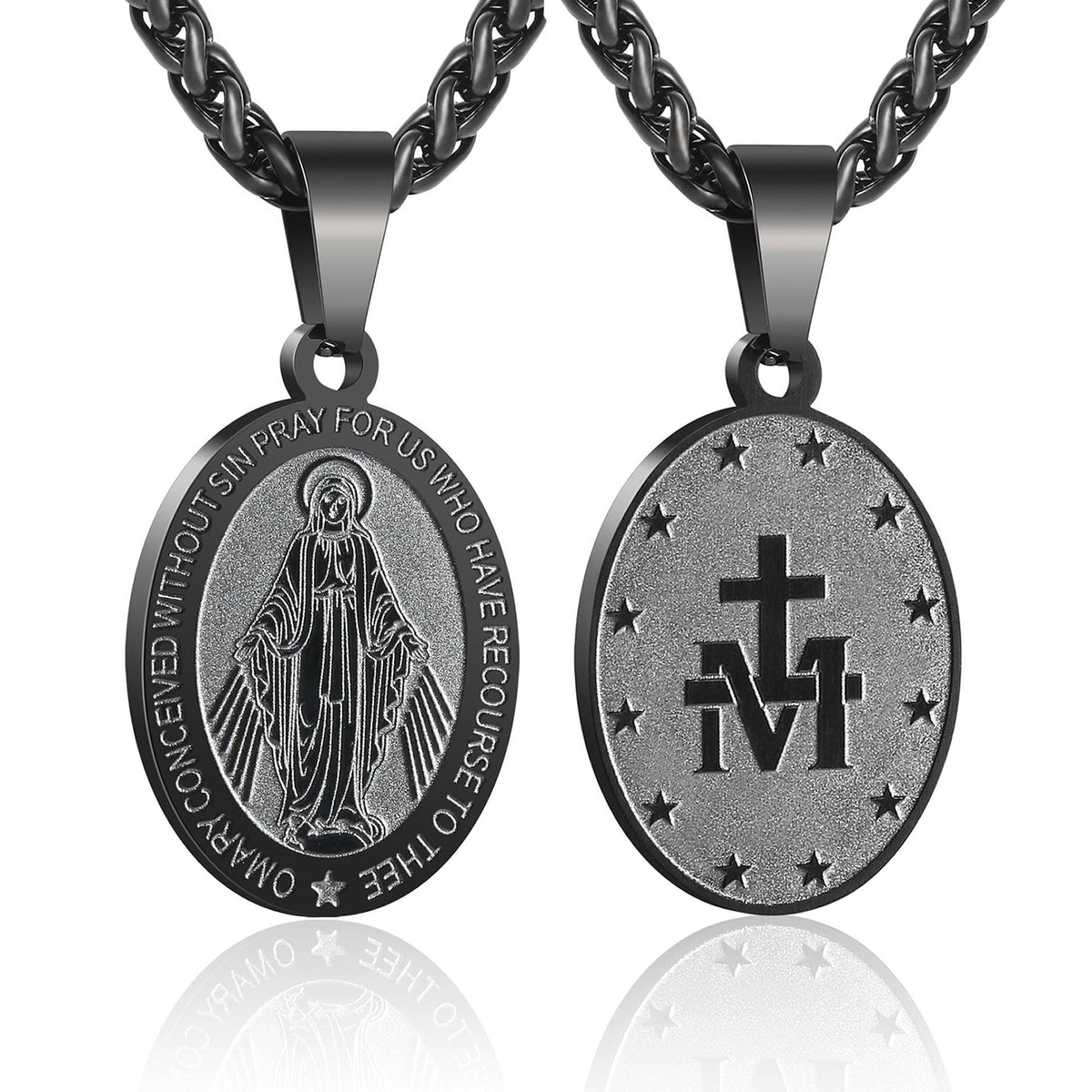 Unisex Stainless Steel Double-Sided Religious Saint Medal Pendant Necklace |   Vintage Virgin Mary & Saint Benedict Protection Amulet Jewelry