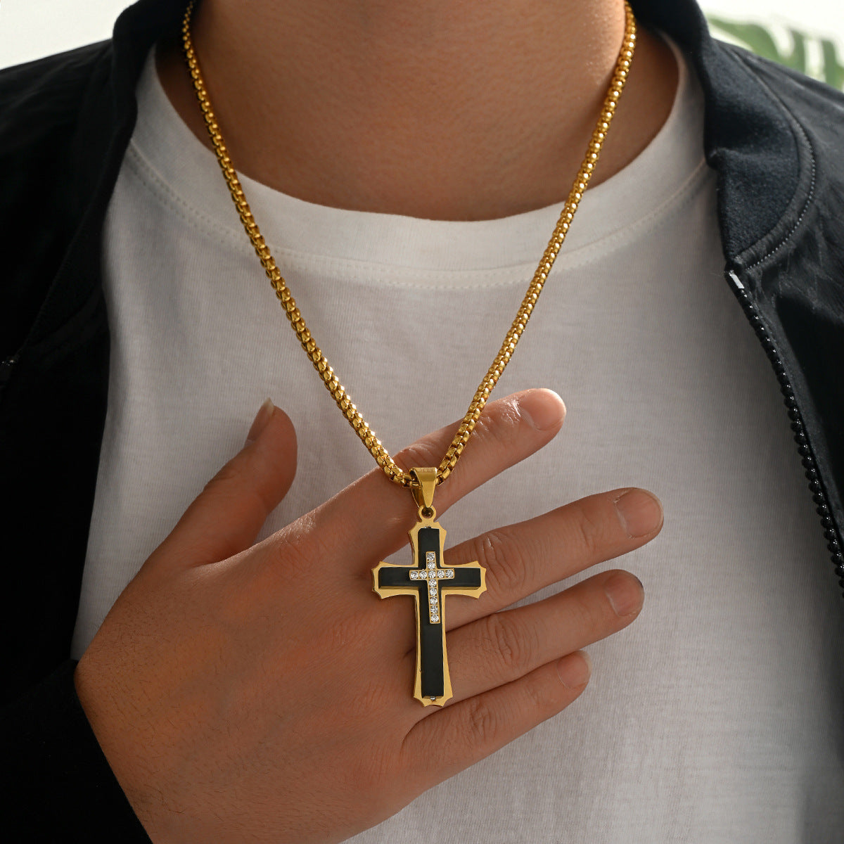 Men's 3-Layer Stainless Steel Iced Out Cross Pendant Necklace | Cubic Zirconia Layered Hip-Hop Cross Jewelry with 24" Box Chain