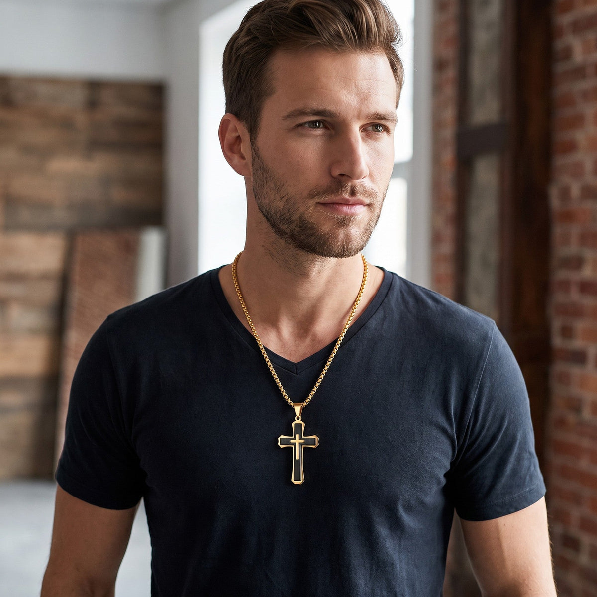 Men's Vintage 3-Layer Stainless Steel Cross Pendant Necklace | Classic Gothic Religious Jewelry for Men