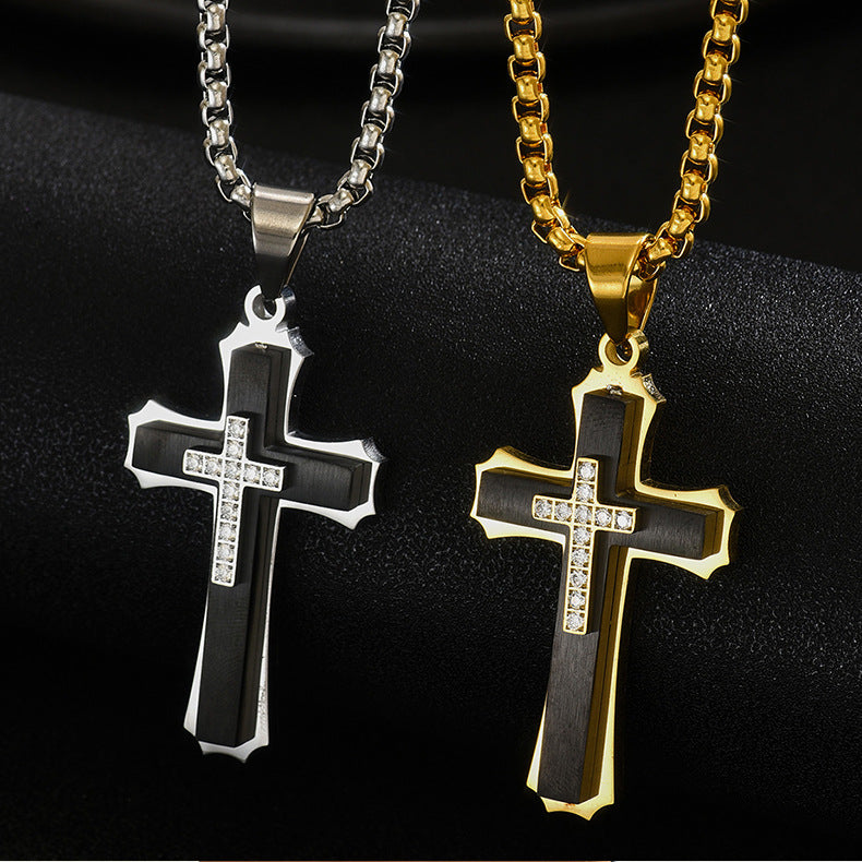 Men's 3-Layer Stainless Steel Iced Out Cross Pendant Necklace | Cubic Zirconia Layered Hip-Hop Cross Jewelry with 24" Box Chain