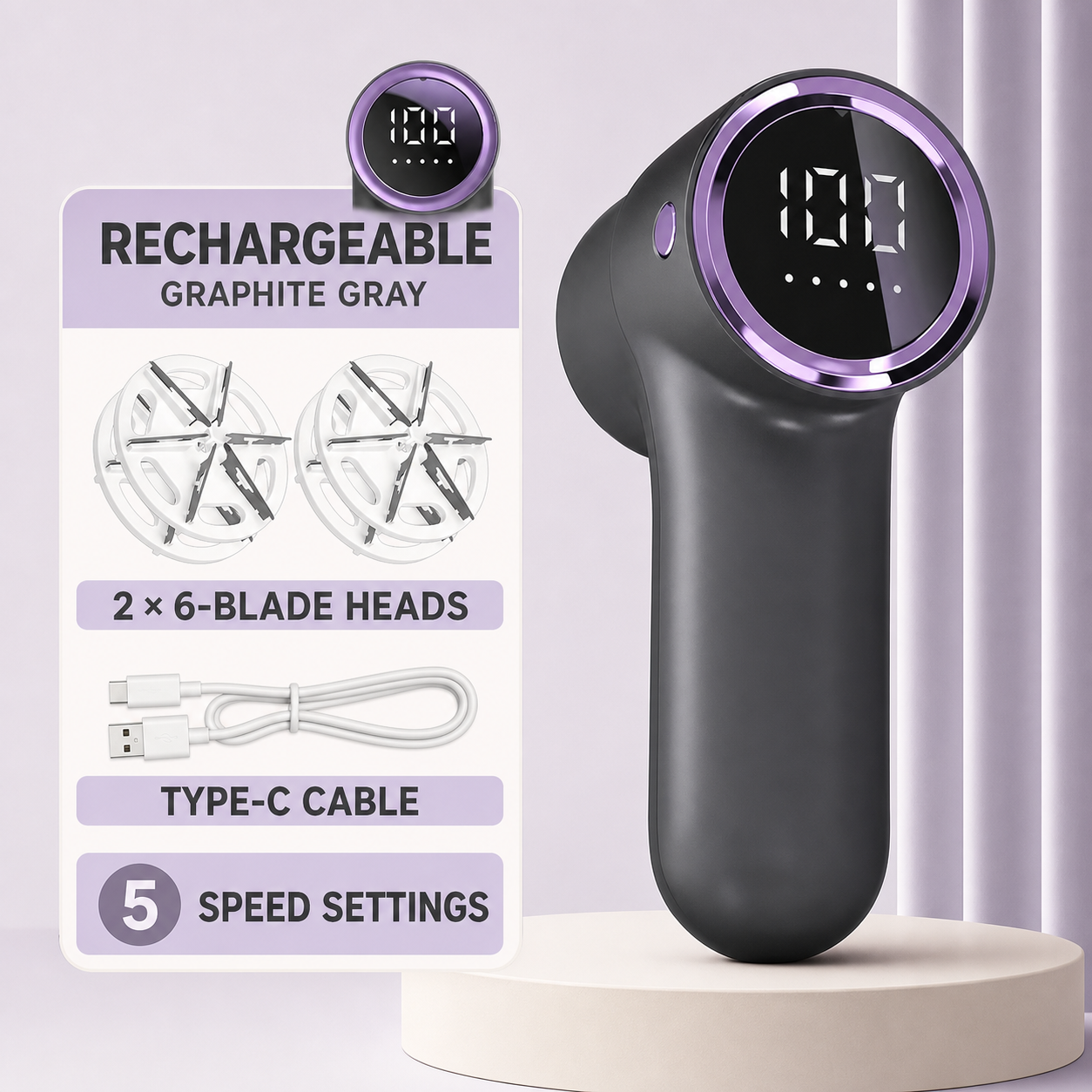 Rechargeable Dual-Head Fabric Shaver with LED Display
