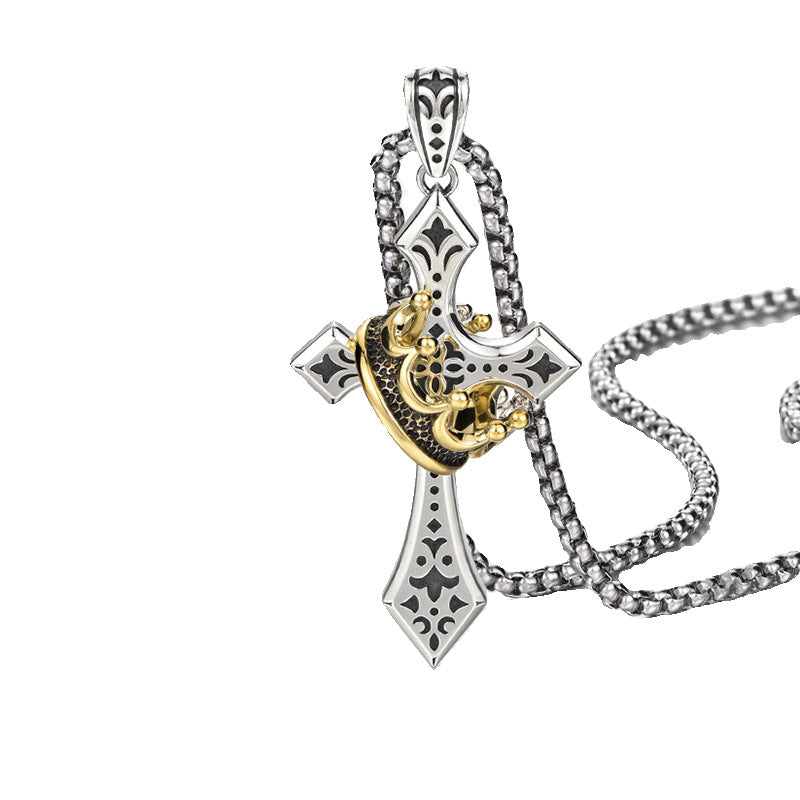 Vintage Gothic Crown Cross Pendant Necklace for Men | Electroplated Thai Silver Style Retro Hip-Hop Streetwear Jewelry