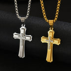 Men's 3-Layer Stainless Steel Iced Out Cross Pendant Necklace | Cubic Zirconia Layered Hip-Hop Cross Jewelry with 24" Box Chain