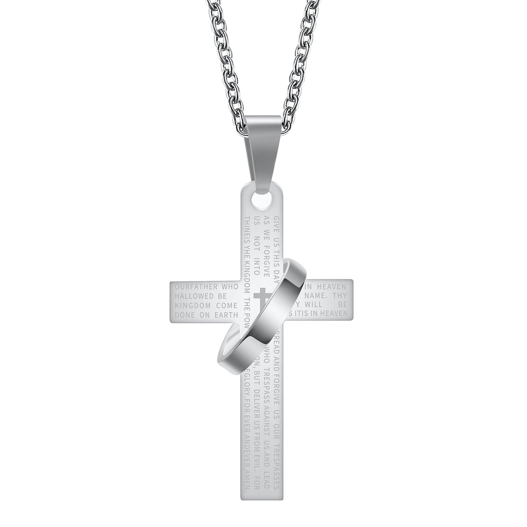 Men's 304 Stainless Steel Cross Pendant Necklace with Ring Accent | Engraved Lord's Prayer Christian Jewelry with Cable Chain