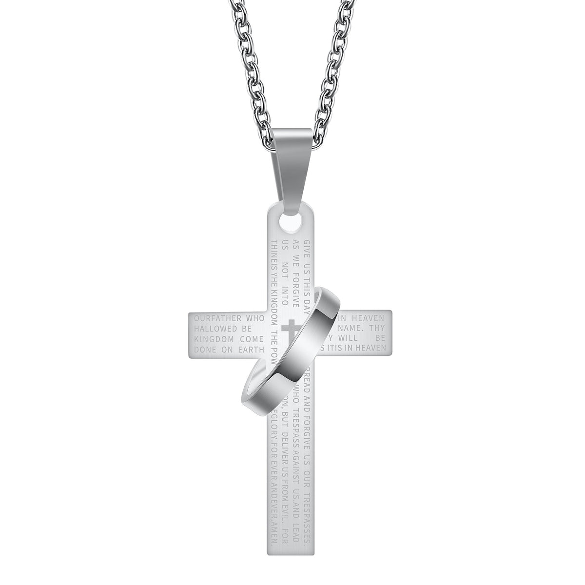 Men's 304 Stainless Steel Cross Pendant Necklace with Ring Accent | Engraved Lord's Prayer Christian Jewelry with Cable Chain