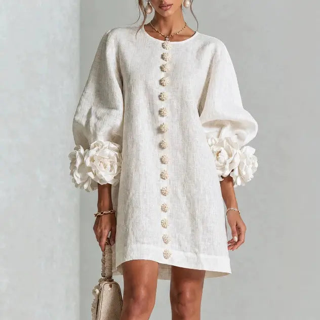 Women’s Floral Cuff Linen Mini Dress – Loose Fit
