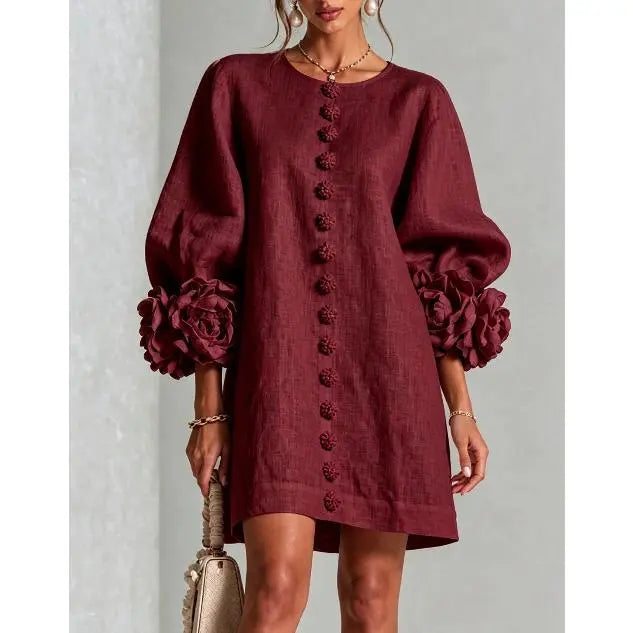 Women’s Floral Cuff Linen Mini Dress – Loose Fit