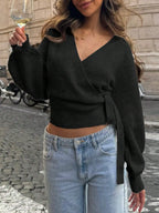 Women’s V-Neck Wrap Knit Sweater – Side Tie Pullover
