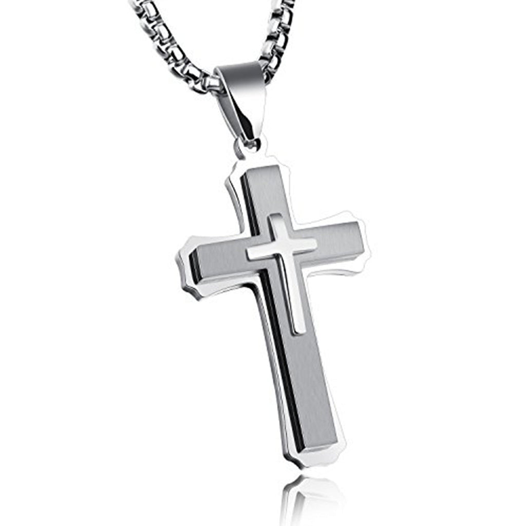 Men's Vintage 3-Layer Stainless Steel Cross Pendant Necklace | Classic Gothic Religious Jewelry for Men