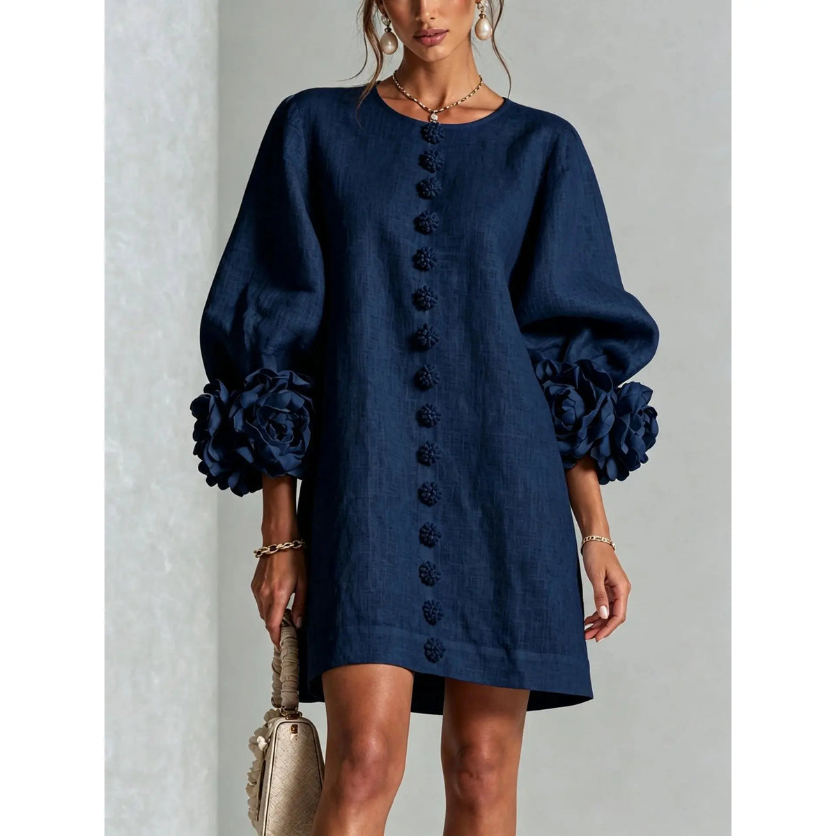 Women’s Floral Cuff Linen Mini Dress – Loose Fit
