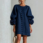 Women’s Floral Cuff Linen Mini Dress – Loose Fit