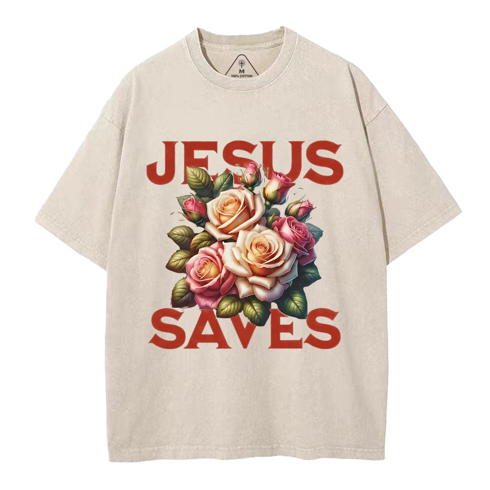 Jesus Saves Flower Christian Washed T-Shirt