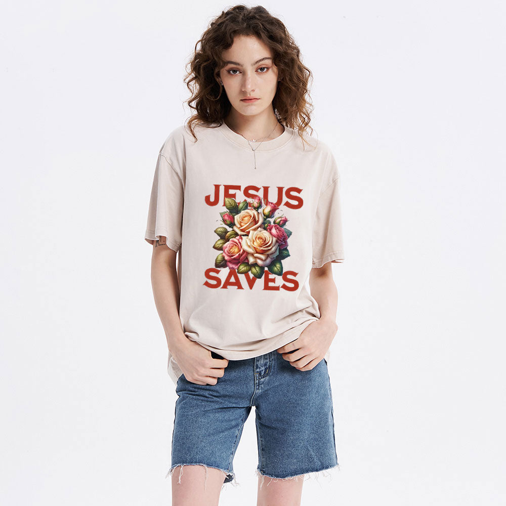 Jesus Saves Flower Christian Washed T-Shirt