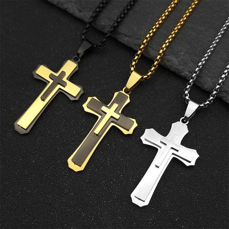 Men's 3-Layer Stainless Steel Cross Pendant Necklace | Modern Layered Hip-Hop Streetwear Jewelry with 24" Chain