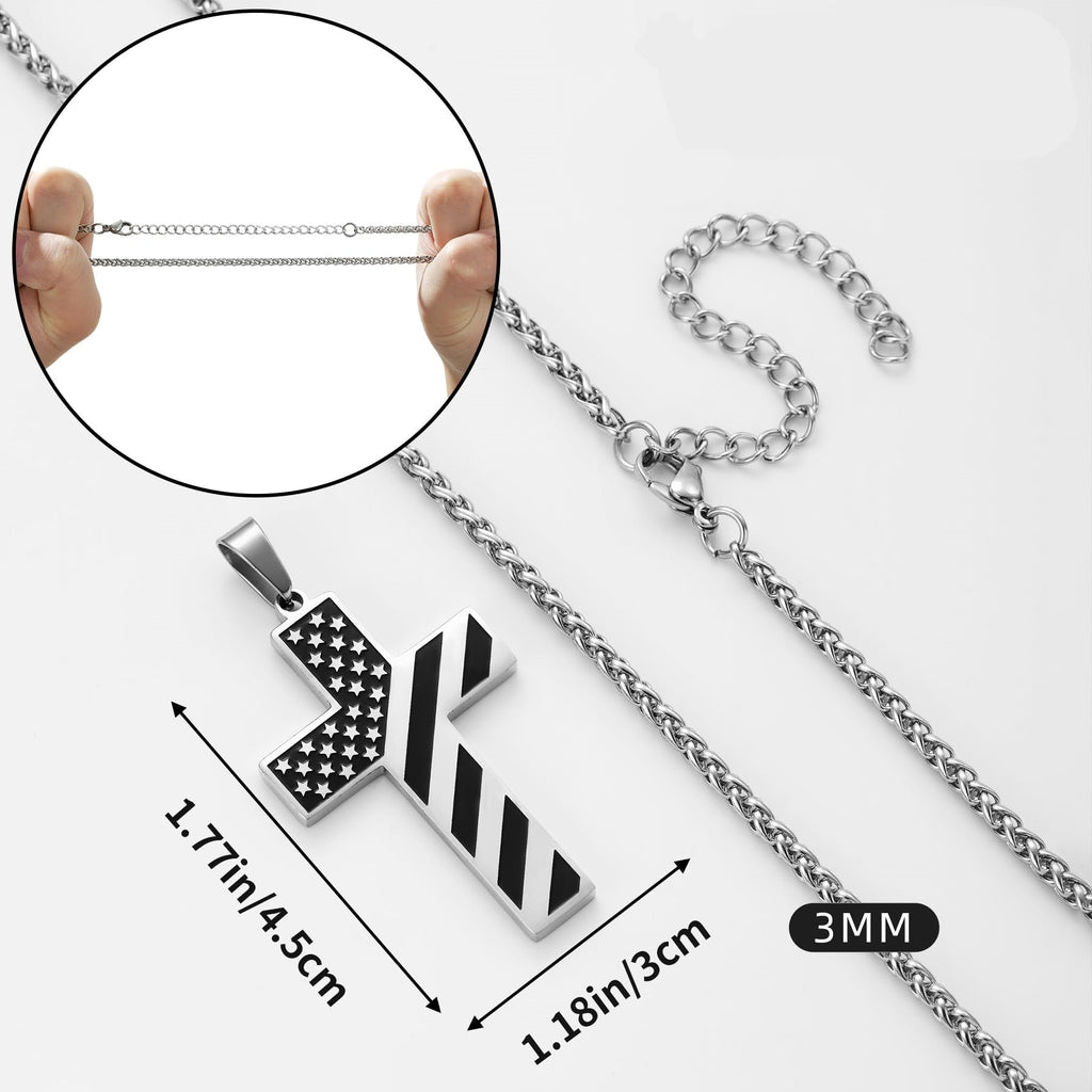 Men's American Flag Stainless Steel Cross Necklace | Engraved Bible Verse & Quote Pendant | Industrial Patriotic Christian Jewelry